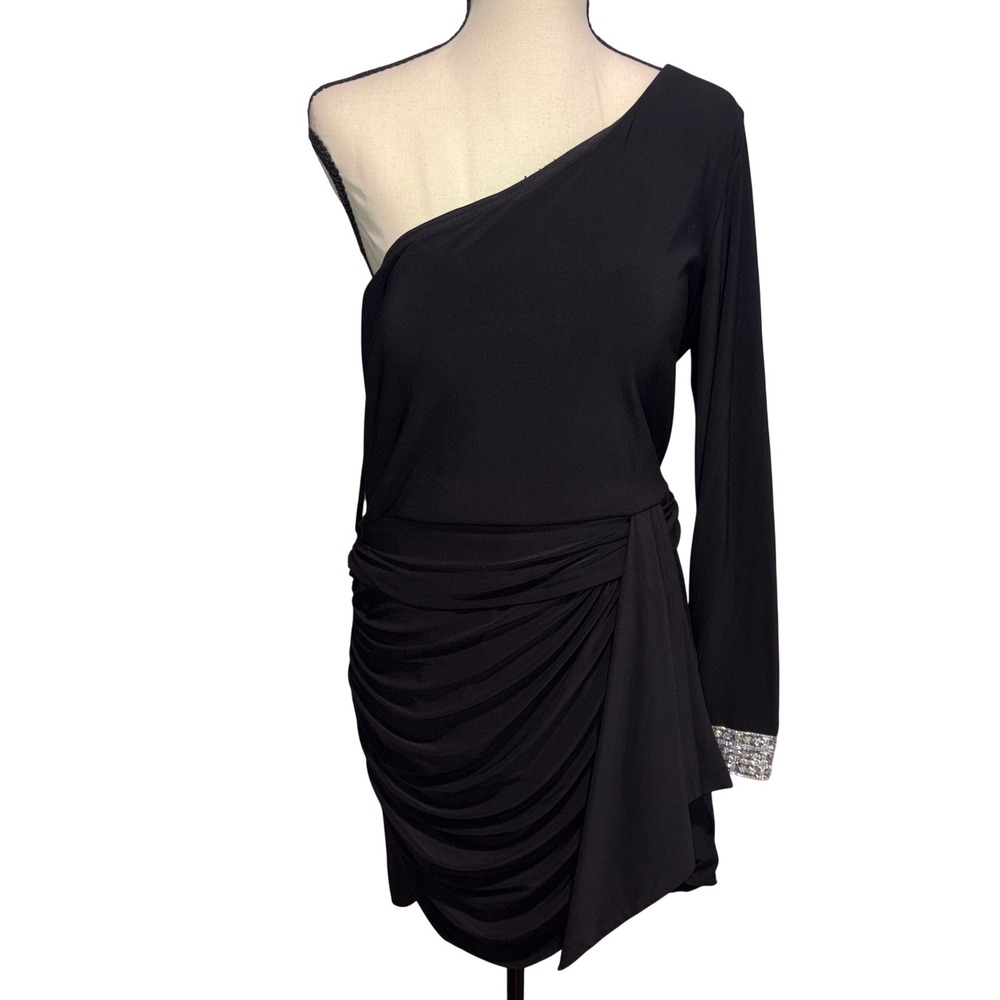 One Shoulder Cocktail Dress Womens 15 Black Rhinestone Cuff Blondie Nites